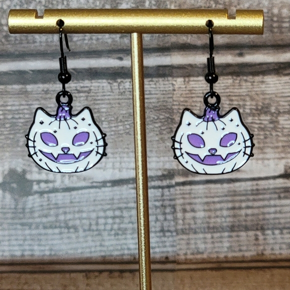 Jewelry - White Cat Jack-O-Lantern Halloween Dangle Earrings